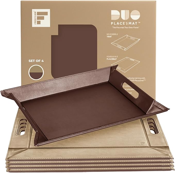 PLACEsMAT 2-in-1 Faux Leather Placemat & Serving Tray | Reversible Design, Lays Flat & Easy to Clean | Ottoman Food Tray, Perfect Housewarming Gift, 18” x 14” (Champagne & Bronze, Set of 4)