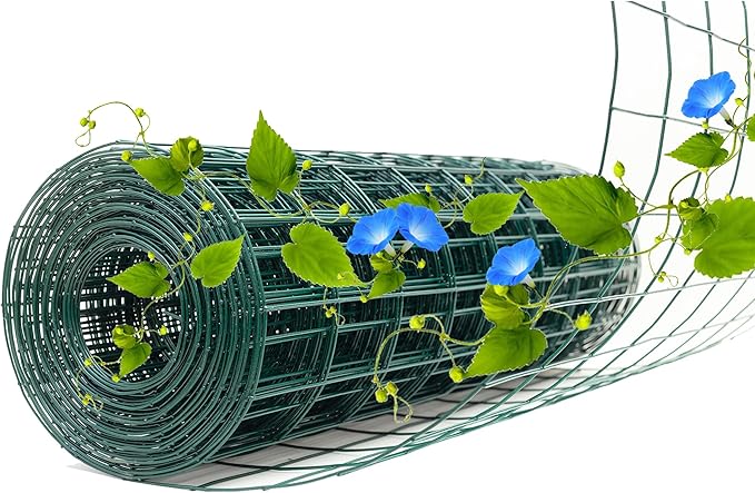 Green Metal Garden Fence, 60inch(H) x 100ft(L), 2 inch x 4 inch,12.5GA 2/3/4/5/6 Ft Tall Chicken Wire PVC Coated Welded Wire Mesh Roll for Dogs Border Yard Vegetable Plant Protection Poultry Netting
