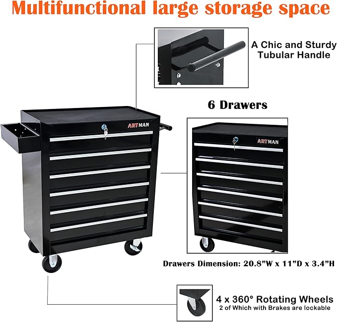 6 Drawers Tool Cart on Wheels,Multifunctional Rolling Tool Chest Tool Storage,Drawers Rolling Tool Trolley Organizer Tool Case for Garage,Warehouse,Workshop,Repair Shop