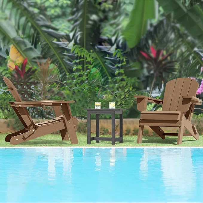 LOUNZY Folding Adirondack Chairs Set of 2, HDPE All-Weather Folding Adirondack Chair with Cup Holders, Outdoor Patio Adirondack Chair for Deck Lawn Fire Pit, Brown