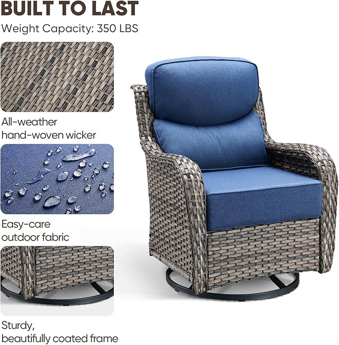 Swivel Patio Chairs Set of 2, High Back Comfortable Outdoor Glider Chairs, 6" Thick Cushion, Wicker, Gray, Blue Cushion