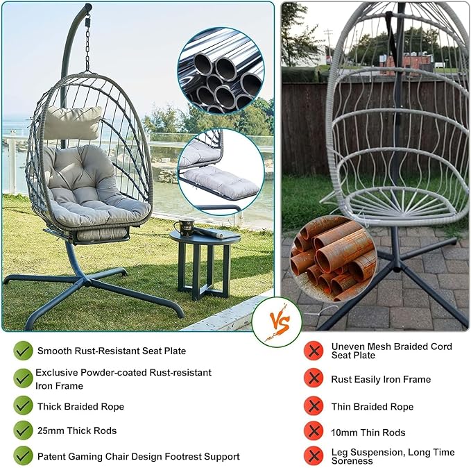 Hanging Egg Chair with Leg Rest and Stand – Rattan Wicker Swing Hammock Chair, UV-Resistant Cushion, Heavy-Duty Frame for Indoor & Outdoor Patio, Bedroom, Balcony, Garden – 330 lbs Capacity(Grey)