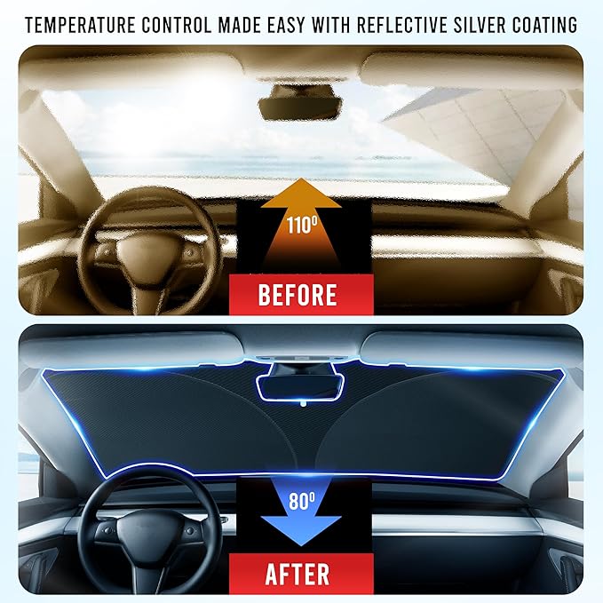 EcoNour Windshield Sun Shade for Tesla Model 3/Y 2017-2026(Fit Model Y Juniper 2025-2026/Model 3 Highland 2024)Upgraded Foldable Sunshade, Window Sun Visor Protector, Blocks UV Rays Keep Your Car Cool