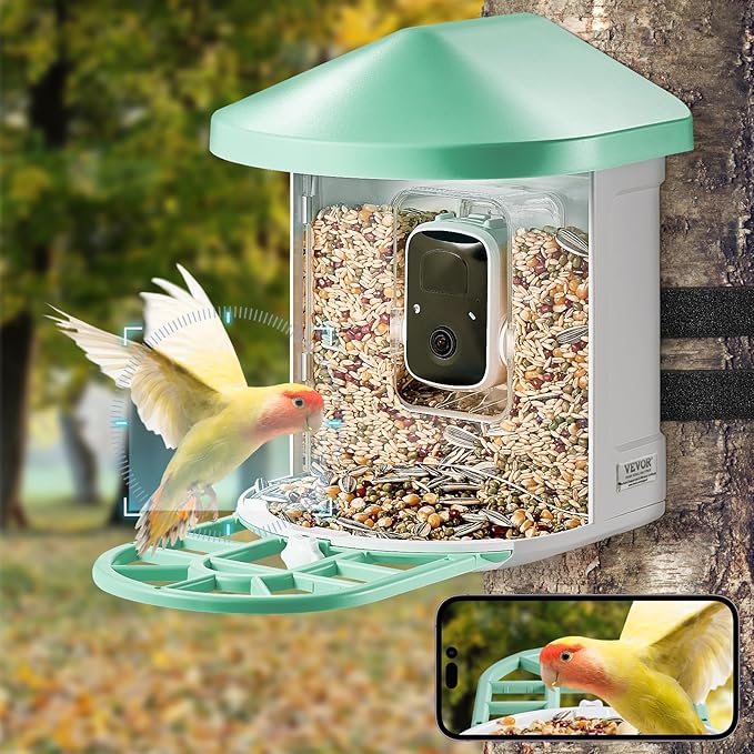 VEVOR Smart Bird Feeder with Camera, Solar Powered Bird House Camera, Wireless Outdoor Vedio Birdfeeder with AI Identify Birds, Auto Detect & Instant Notify and 2K Full HD, Ideal Gift for Bird Lover
