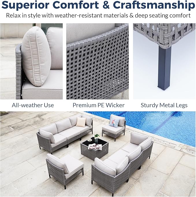 9-Piece Outdoor Modular Wicker Patio Sofa Set with 2 Armchairs, 6 Armless Chairs and Coffee Table, PE Rattan Sectional with 4" Beige Cushions for Garden, Deck, Porch