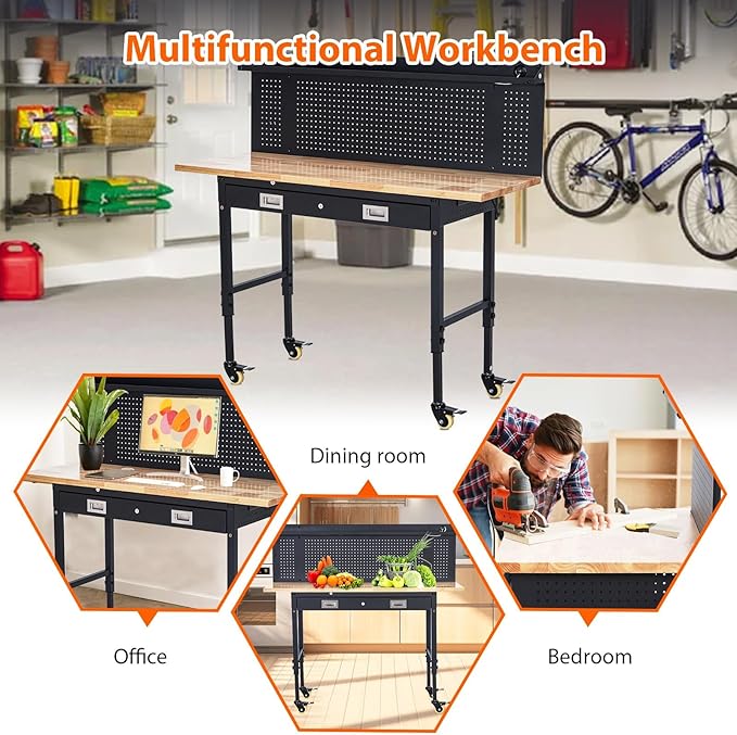 60x22 Inch with Drawer&Backplate，Work Table with 2000LBS Capacity, Mobile Workbench with Adjustable Height Rubber Wood Top, 27.8''-39.5''Height, Locking Wheels & Power Outlets for Workshop Warehouse