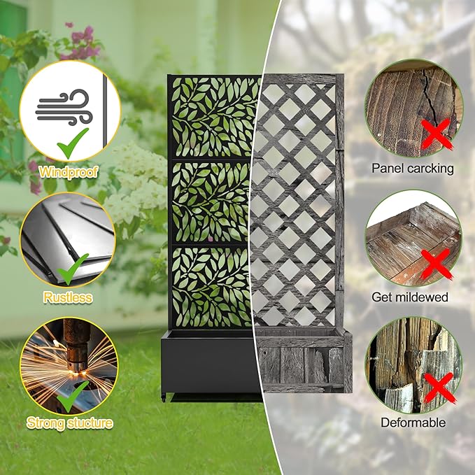 FENCY Metal Raised Garden Bed with Wheels and Trellis,73"x35"x16" Planter Box for Climbing Plants, Vegetables & Vines, Features Privacy Screen and Drainage Holes (Black-Leaf-2)