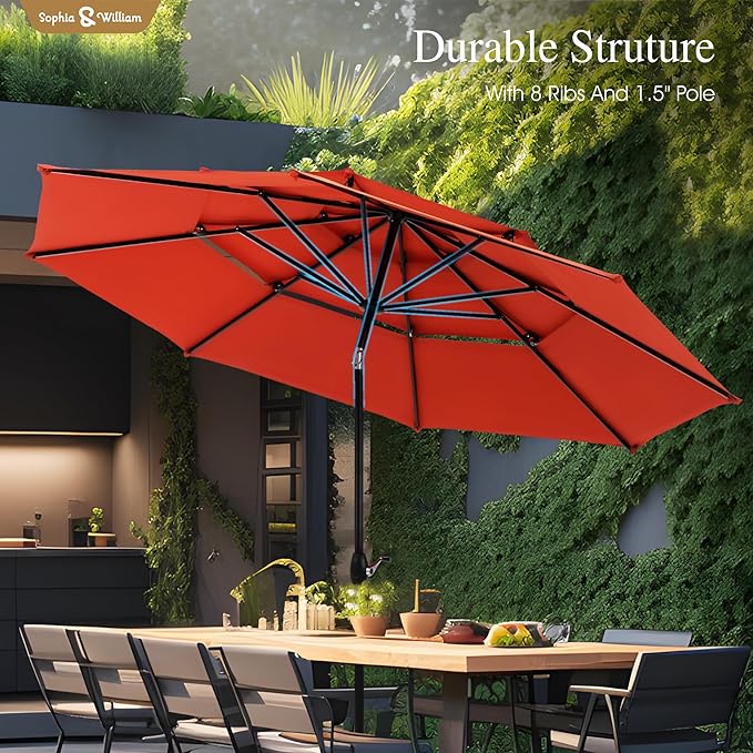 Sophia & William 10ft 3 Tier Auto-tilt Patio Umbrella, Outdoor Double Vented Umbrella with Crank, Orange Red