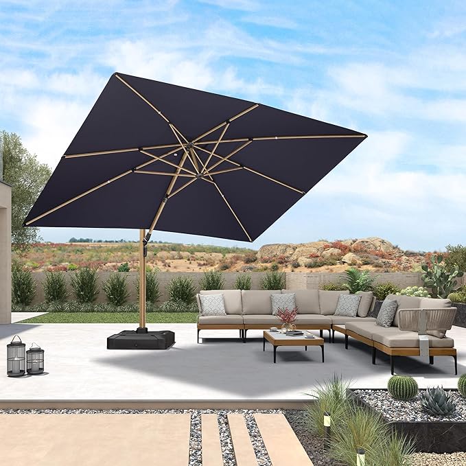 PURPLE LEAF 10‘ x 13’ Rectangle Patio Cantilever Umbrella Large Hanging Umbrella Teak Finished Aluminum Frame Windproof Offset Outdoor Sun Umbrellas for Beach Pool Deck, Navy Blue