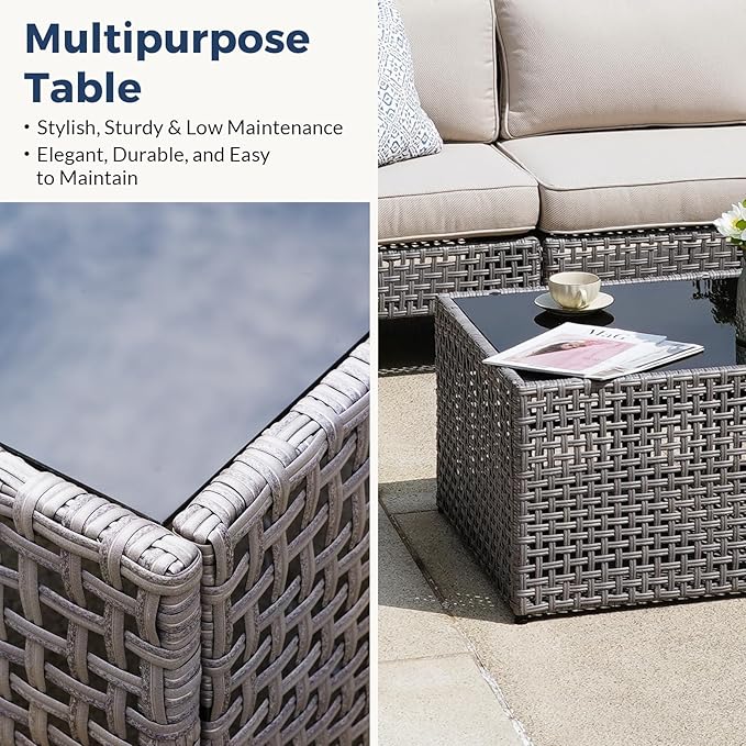 3-Piece Outdoor Modular Patio Set with 2 Armless Rattan Chairs and Glass Table, Gray PE Wicker Sectional Seating with Cushions for Balcony, Garden, Deck, Porch