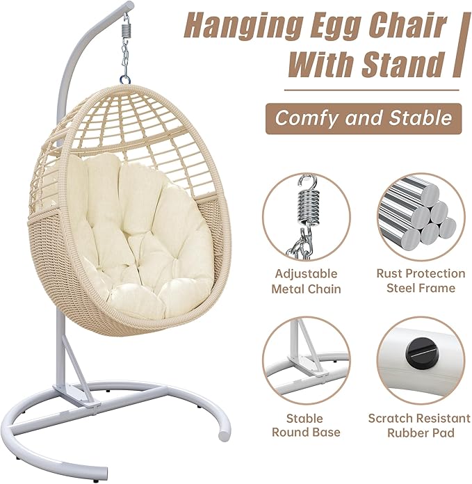 Hanging Egg Chair Swing Chair with Stand Wicker Rattan Chairs for Indoor Outdoor Patio Bedroom Hammock Chair with Steel Frame and Cushion(Color: Beige)
