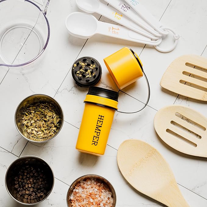 Hemper Keeper 3‑in‑1 Herb Grinder with Dual Storage Container - Smell‑Proof, Airtight & Water‑Resistant - Built‑In Removable Grinder, Dual Compartments for Flower & Ground - (Yellow & Black)