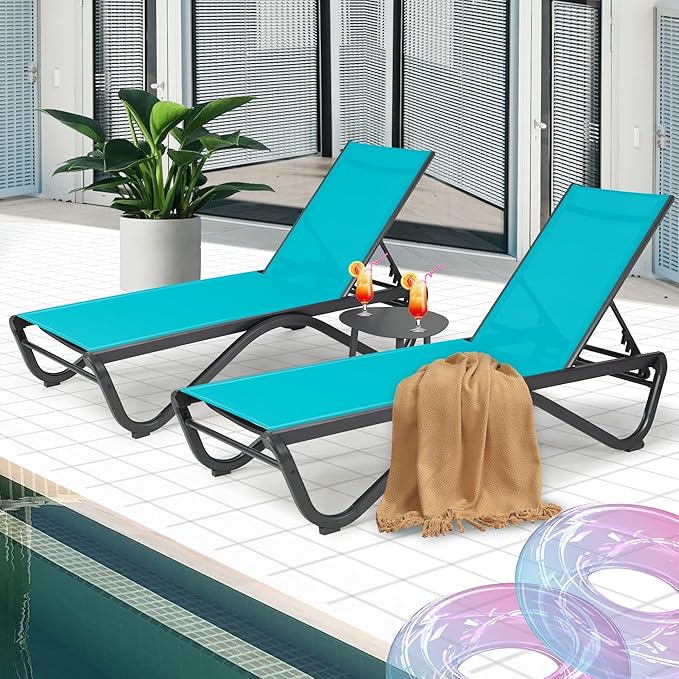 Kozyard 3Pack Chaise Lounge Outdoor Set Full Flat Alumium Reclining Adjustable Chair Flat Patio Chaise Lounge Chair for Sunbathing, Patio, Poolside(2Aqua Textilence W/Table)