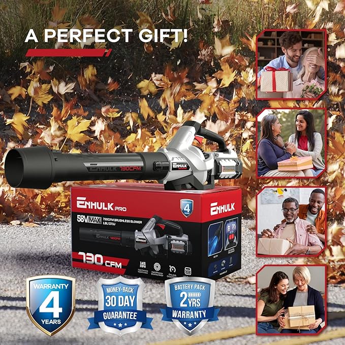 Enhulk 58V Cordless Leaf Blower, 730CFM 145MPH Brushless Power, with 2.5Ah Battery & Charger, Variable Speed & Turbo Mode for Yard, Leaves, Dust, and Snow