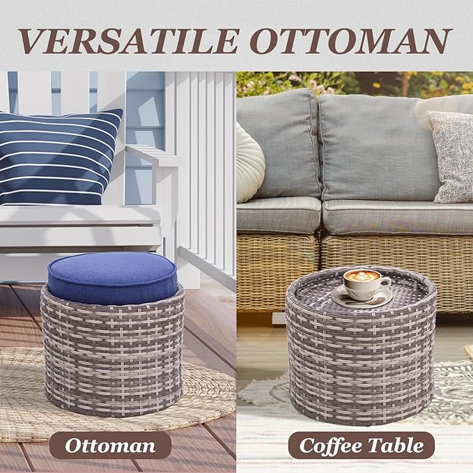 COOS BAY Sand Dune 5 Piece Wicker Patio Furniture Set, Rattan Outdoor Furniture with Nesting Tables, Chairs, Loveseat, Coffee Tables, and Ottoman, Brown/Blue