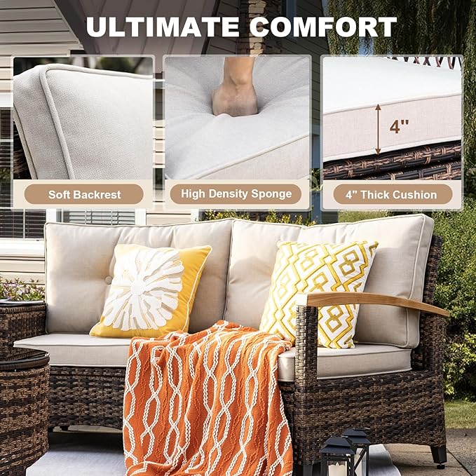 MEISSALIVVE 9 Piece Outdoor Patio Furniture Set, Half-Moon Curved Sectional Sofa Rattan Conversation Set with Wood Armrests, Coffee Table & Side Table（Brown）