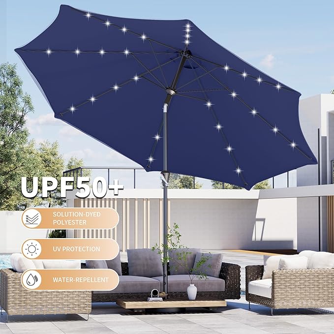 Kingdura 10FT Outdoor Patio Umbrella with Solar Lights, Market Table Umbrella with Push Button Tilt & Crank, 8 Sturdy Ribs, 32 LED Lights, UV Protection for Garden Lawn Deck Backyard Pool (Navy blue)