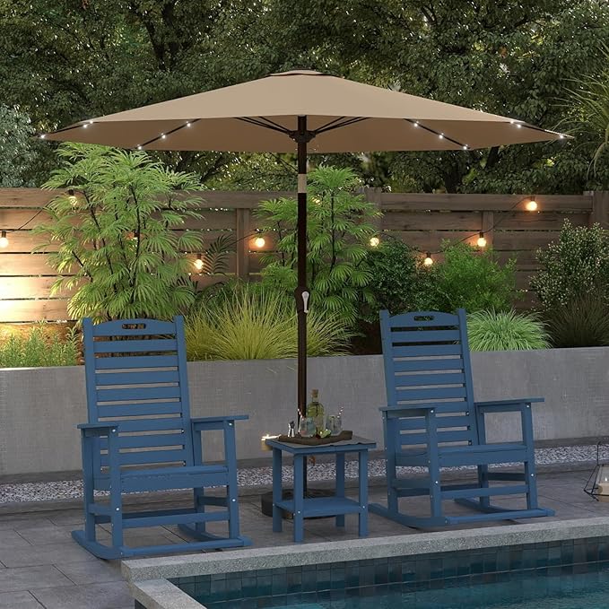 Navy Blue Outdoor Rocking Chairs Set of 2 with Footrest, Side Table & Beige 9FT Patio Umbrella, HDPE Rocking Lawn Chair for Garden, Poolside, Deck, Weatherproof Porch Rocker