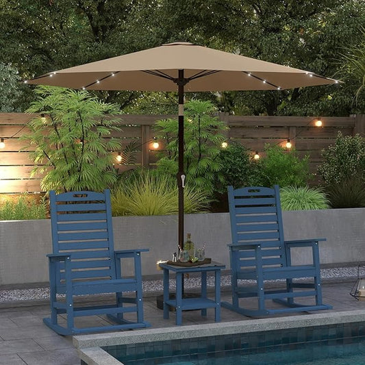 Navy Blue Outdoor Rocking Chairs Set of 2 with Footrest, Side Table & Beige 9FT Patio Umbrella, HDPE Rocking Lawn Chair for Garden, Poolside, Deck, Weatherproof Porch Rocker