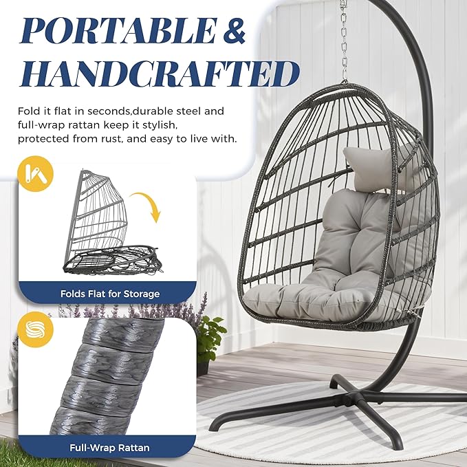 BLUEXYARD Heav-Duty Wicker Egg Chair Outdoor with Stand, 350 Lbs Rattan Patio Swing Chair with Cozy Cushion, Modern Foldable Eggshell Hanging Hammock Seat for Balcony Garden Bedroom, Light Grey