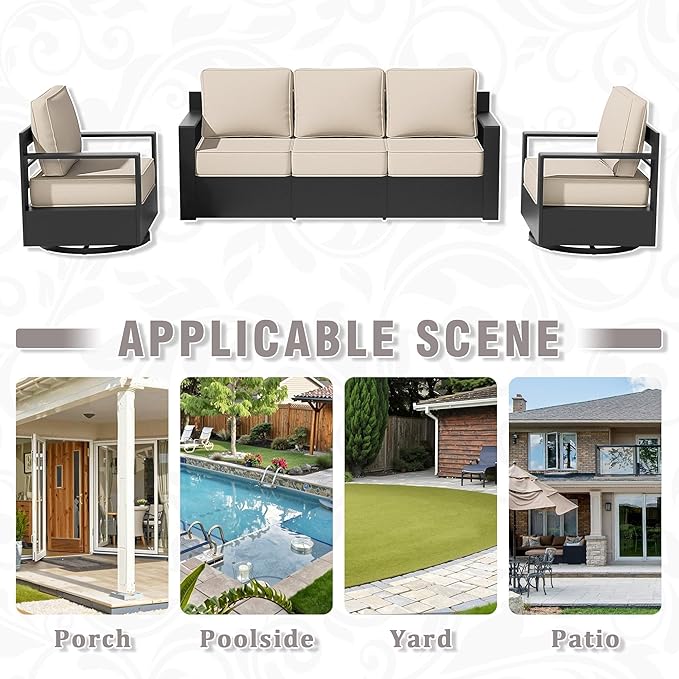 3 PCS Aluminum Patio Conversation Set - Outdoor 3-Seater Sofa, 2 360° Swivel Chair with 6" Thick Water-insistant Cushions, All-Weather Use Frame, Removable Cover, Ideal for Garden, Poolside (Beige)