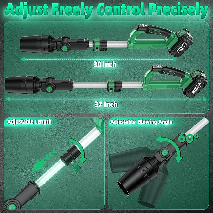 KIMO Leaf Blower Cordless with Battery and Charger, 310000RPM, 37Inch Telescopic Pole, 750CFM 280MPH, 3Speeds w/Smart Panel, Lightweight 2.5Lb, 2PCS 4000mAh Battery Operated Leaf Blowers for Lawn Care