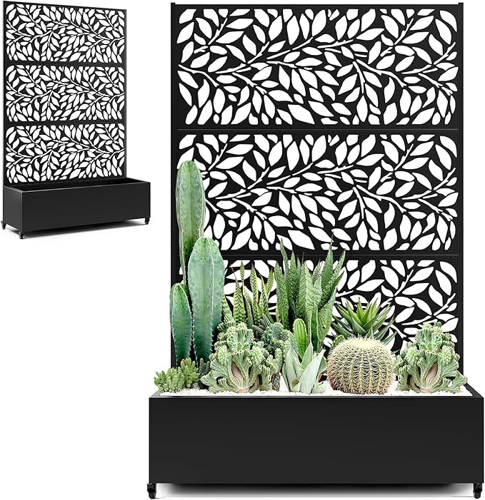 Metal Raised Garden Bed with Trellis Privacy Screen, Large Planters Box with Wheels & Drainage Holes for Climbing Plants (47" L×16" W×71" H, Black Leaf)