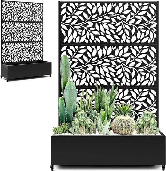 Metal Raised Garden Bed with Trellis Privacy Screen, Large Planters Box with Wheels & Drainage Holes for Climbing Plants (47" L×16" W×71" H, Black Leaf)
