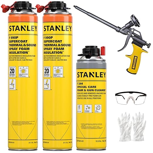 STANLEY F 990P Supercoat Spray Foam Insulation Kit - Closed Cell Spray Foam Covers Up to 40 Sq.Ft.,(11.32/2 inch R-Value) - Including Gun, Cleaner, Safety Items - 27.1 oz, 2 Pack