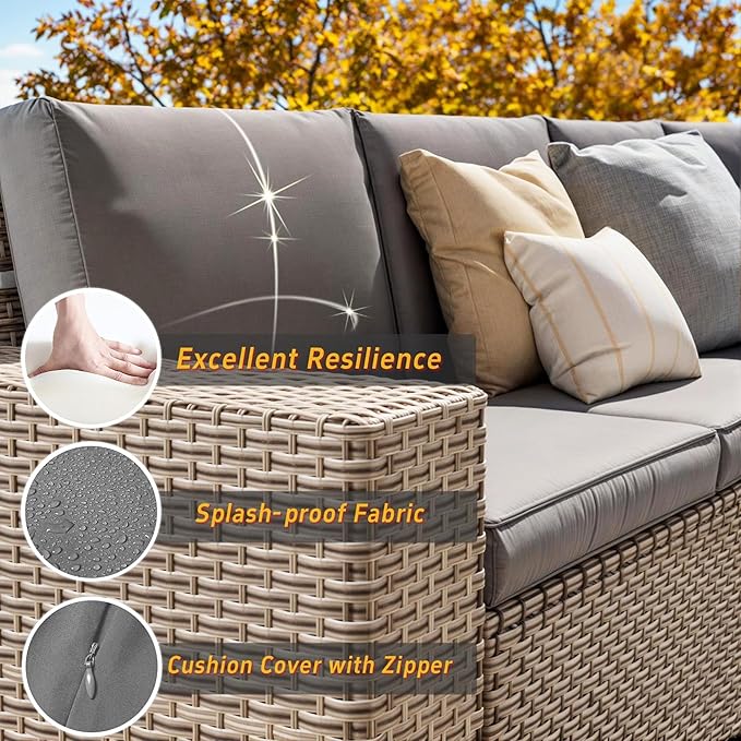 10 Pieces Patio Furniture Set with Fire Pit Table, Outdoor Sectional Wicker Sofa with Thick Cushions, High Back Swivel Rocker Patio Chairs, Rattan Conversation Set with Coffee Table, Grey