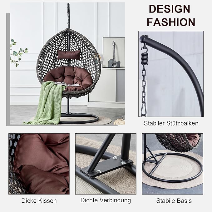 Hanging Egg Chair with Stand, Egg Swing Chair with Stand Indoor Outdoor, Black Wicker Swing Egg Chair for Adults, Hammock Chair with Comfortable Cushion and Stable Round Metal Base for Bedroom Patio