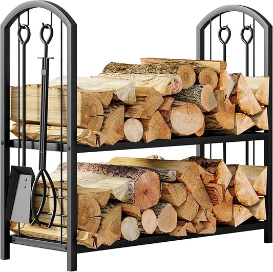Fire Beauty Fireplace Firewood Log Rack 5-Piece Storage Logs Holder with Tools Set with 4 Tools Set Fireside Holders Wood Lumber Storage Stacking Black