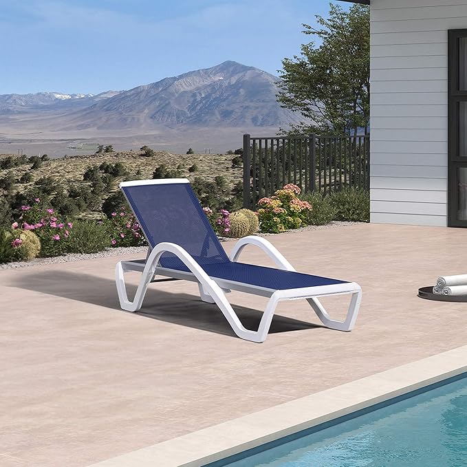 PURPLE LEAF Patio Chaise Lounge Chair Outdoor Plastic Textilene Sun Bathing Recliner Tanning Pool Lounger with 6 Adjustable Position for Outside Beach in-Pool Lawn Poolside, Blue