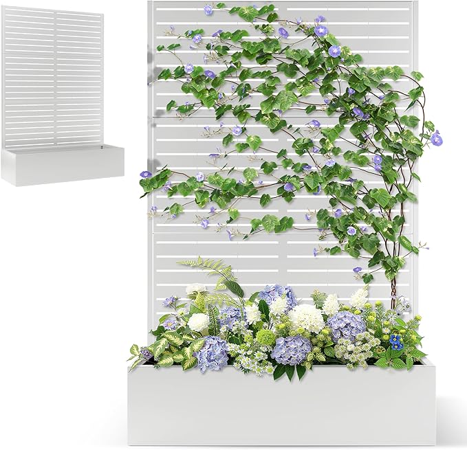 Metal Planter Box with Trellis Privacy Screen, Large Raised Garden Beds with Trellis for Climbing Plants, Flowers, Privacy Planters with Drainage Holes for Patio (47" L, White Blinds)