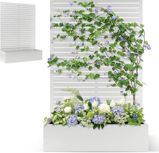 Metal Planter Box with Trellis Privacy Screen, Large Raised Garden Beds with Trellis for Climbing Plants, Flowers, Privacy Planters with Drainage Holes for Patio (47" L, White Blinds)