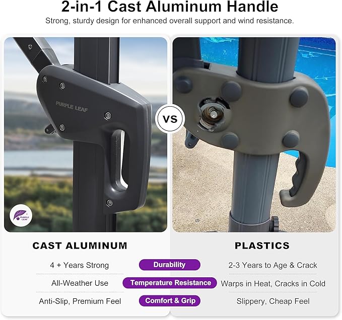 PURPLE LEAF 9 FT Cantilever Patio Umbrella Outdoor Aluminum Offset Square Umbrella with 3 Years Fade Resistance Recycled Fabric and 360-degree Rotation for Deck Pool Garden, Sand Dune
