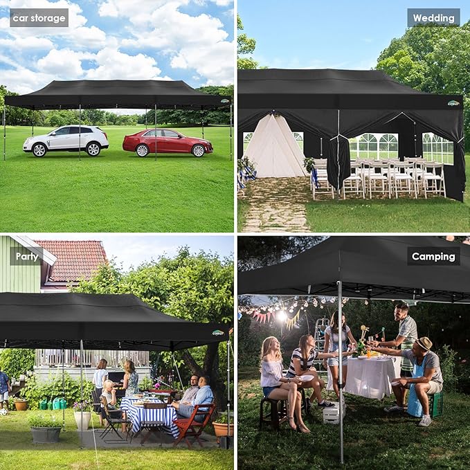 COBIZI 10x30 Heavy Duty Pop up Canopy with 8 sidewalls Stable Wedding Outdoor Tents for Parties Canopy Pop Up Party Tent UPF 50+ Waterproof Commercial Gazebo with Roller Bag, Black(Windproof Upgraded)