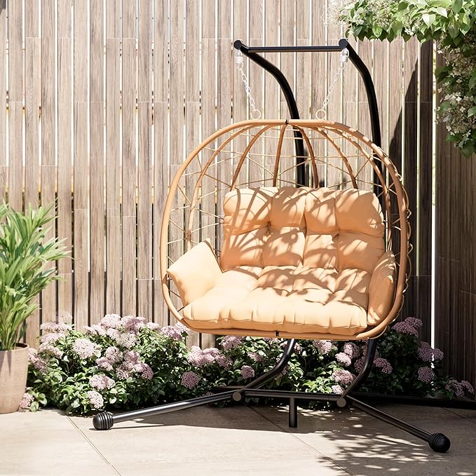 Pamapic 700 LBS Double Egg Chair Outdoor, UV Resistant Cushions Hanging Egg Chair with Armrests & Headrest, Thick Steel Frame Egg Swing Chair with Stand, for Relaxing & Reading Outside/Inside(Beige)
