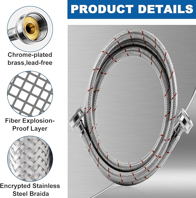 Washing Machine Hoses,Stainless Steel Washing Machine Hose 4ft -2 Packs Braided Premium Washer Hoses Supply Lines-washer hoses 6ft Hot and Cold Striped Water Connection