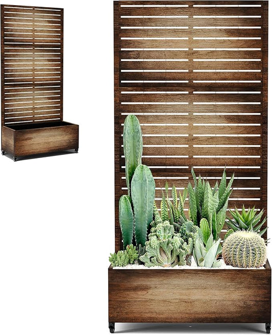Metal Planter Box with Privacy Screen, Trellis with Planter Box for Climbing Plants, Standing Flower Bed with Wheels & Drainage Holes (35" L, Retro Brown Wood Grain)