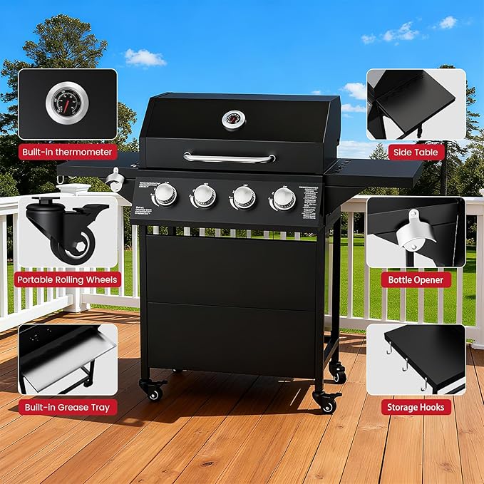 4 Burner Propane Gas Grill with Wheels, 40,000 BTU Output Outdoor BBQ Gas Grill with Side Tables for Backyard,Camping & Outdoor Cooking,Easy Assembly(Black)