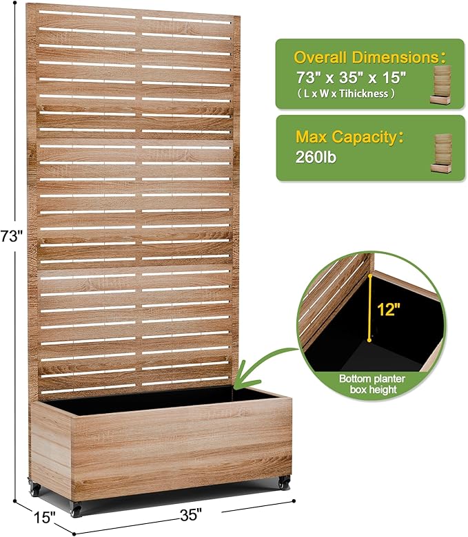 FENCY Metal Raised Garden Bed with Wheels and Trellis,73"x35"x16" Planter Box for Climbing Plants, Vegetables & Vines, Features Privacy Screen and Drainage Holes (Natural Wood Color)
