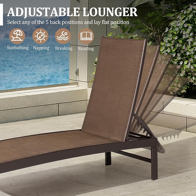 Patio Aluminum Chaise Lounge Chair, Set of 2 Outdoor Recliner Lounge Chair Sun Loungers, All Weather Chaise with 5 Adjustable Backrest and Lay Flat Positions for Garden, Balcony, Pool