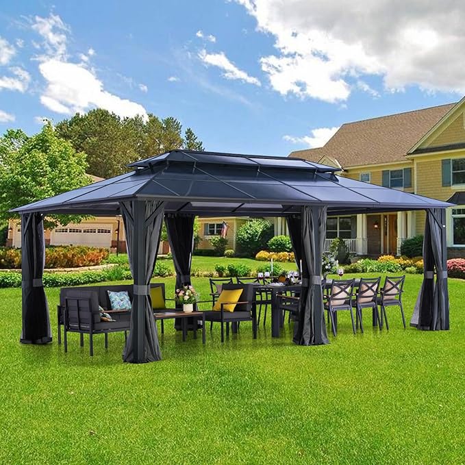 LeDoasis Nebula 12'x20' Hardtop Gazebo with Breathable Netting & Privacy Curtain, Permanent Outdoor Aluminum Patio Gazebo, Polycarbonate Double Roof Canopy, for Patio Lawn and Garden,Parties