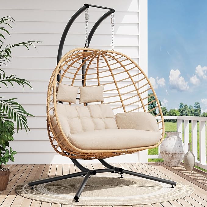 SWITTE Double Hanging Egg Chair with Stand, Outdoor Patio 2 Person Wicker Hammock Swing Chairs with Cushion Loveseat for Indoor Bedroom, Lawn, Garden-Beige