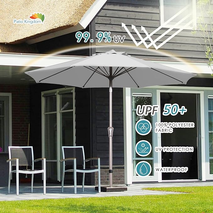 PatioKingdom 9FT Patio Outdoor Umbrella-UPF 50+ Sun Shade with Wind Vent, Push-Button Tilt & Smooth Crank Lift, Rust-Resistant Fiberglass Frame for Garden, Backyard,Yard (Light Gray, 9FT)