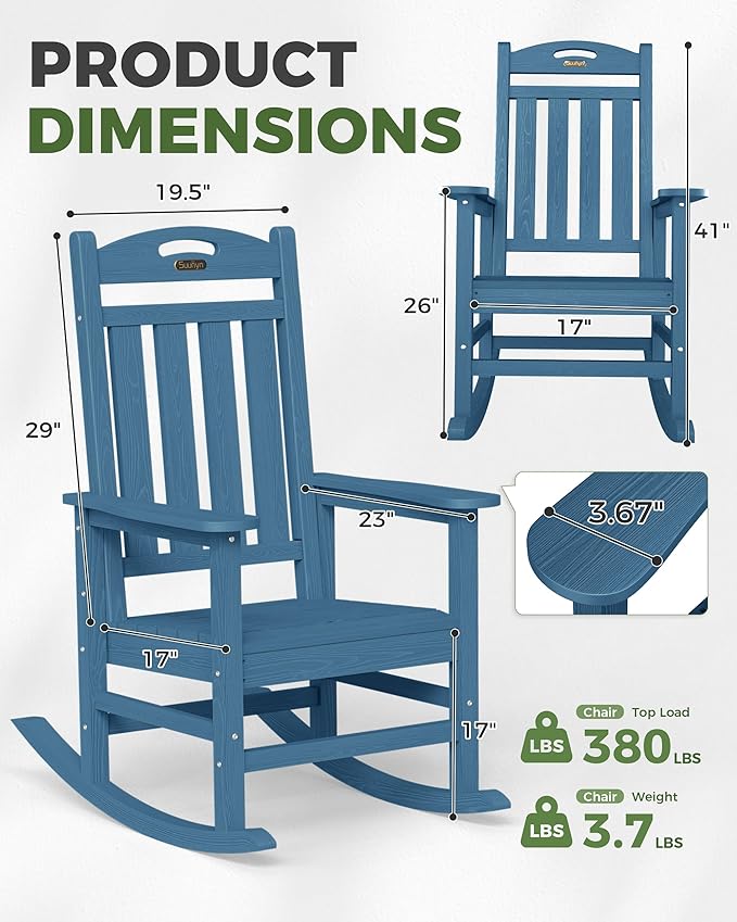 Oversized Outdoor Rocking Chair Set of 2, High Back Porch Rocker Chair, HDPE All Weather Resistant Rocking Chairs for Patio, 380lbs Weight Capacity, Navy Blue