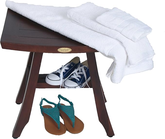 DecoTeak Teak Shower Bench – 18 Inch Waterproof Wooden Seat for Inside Shower Spa-Quality Shower Chair | Curved Seat for Adults | Non-Slip Feet | Holds Up to 250 lbs