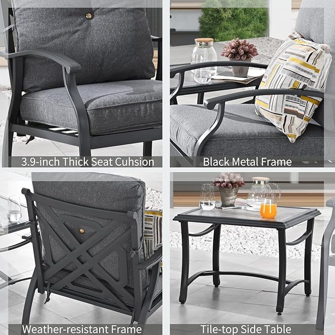 Patio Bistro Set 3 Pieces Metal Outdoor Furniture Sets Metal Patio Chairs with Side Table Dark Grey Thick Cushions Galvanized Steel Frame