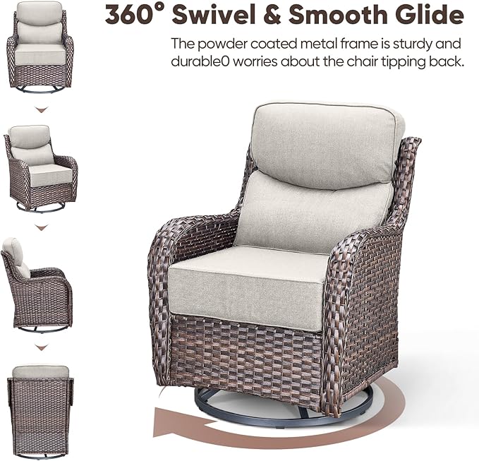 Swivel Patio Chairs Set of 3 with 6" Thick Cushion - Wicker Outdoor Swivel Rocker Patio Chairs with Side Table, High Back Comfortable Outdoor Glider Chair - Brown Wicker | Beige Cushions